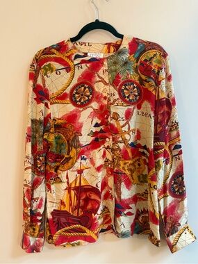 Tess Vintage Silk Maritime Nautical Multicolor Pattern Button Up Long Sleeve Top